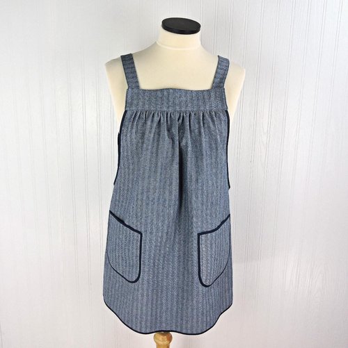 Herringbone Stripe Denim Pinafore with no ties (straps go straight over shoulders) relaxed fit apron, sturdy artist smock w/ pockets XS - 5X