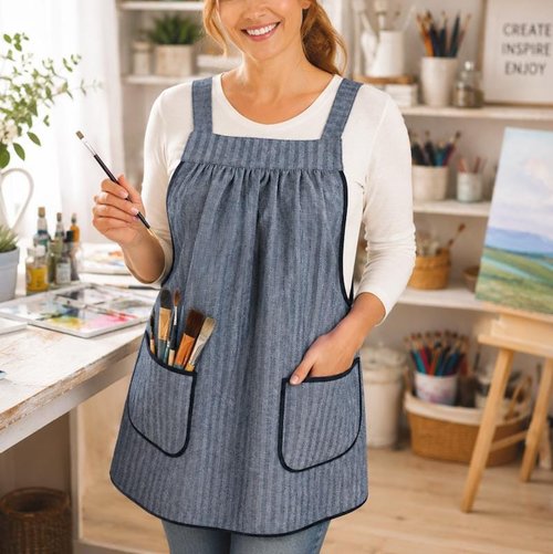 Herringbone Stripe Denim Pinafore with no ties (straps go straight over shoulders) relaxed fit apron, sturdy artist smock w/ pockets XS - 5X