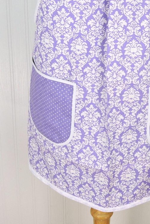 Lavender Petite Damask Pinafore with no ties (straps go straight over the shoulders) relaxed fit smock with pockets, fits L/XL/2X SHIPS FAST