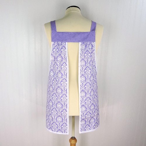 Lavender Petite Damask Pinafore with no ties (straps go straight over the shoulders) relaxed fit smock with pockets, fits L/XL/2X SHIPS FAST