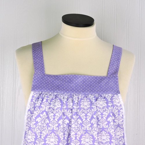 Lavender Petite Damask Pinafore with no ties (straps go straight over the shoulders) relaxed fit smock with pockets, fits L/XL/2X SHIPS FAST