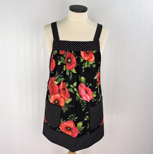 Black Poppy Panache Polka Dot Pinafore, relaxed fit smock with pockets, pretty floral kitchen apron, ready to ship fits L/XL/2X
