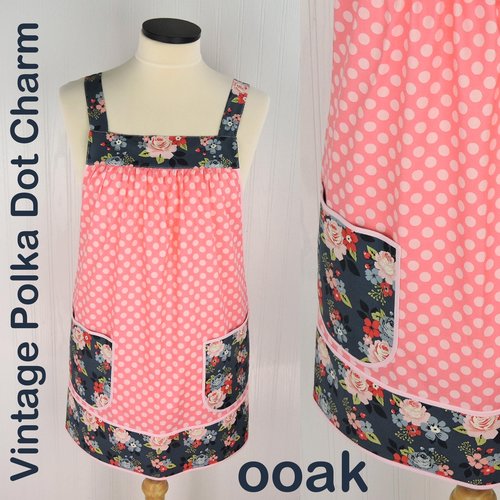 Vintage Polka Dot Charm Pinafore with no ties (straps go straight over the shoulders) relaxed fit smock with pockets L/XL/2X, SHIPS FAST