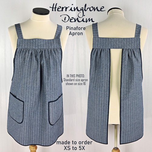 Herringbone Stripe Denim Pinafore with no ties (straps go straight over shoulders) relaxed fit apron, sturdy artist smock w/ pockets XS - 5X