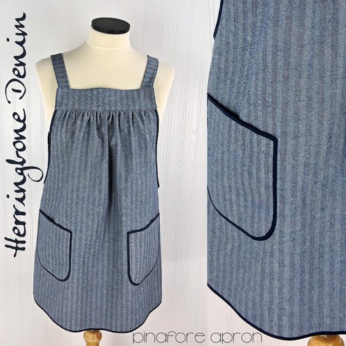 Herringbone Stripe Denim Pinafore with no ties (straps go straight over shoulders) relaxed fit apron, sturdy artist smock w/ pockets XS - 5X