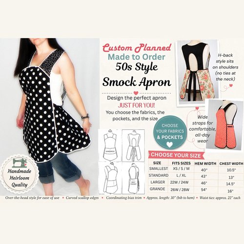 Customized 1950s Smock Apron, Retro H-Back Apron, Handmade Kitchen Apron- CHOOSE YOUR FABRIC- Vintage Style Cooking Apron, Gift for Baker