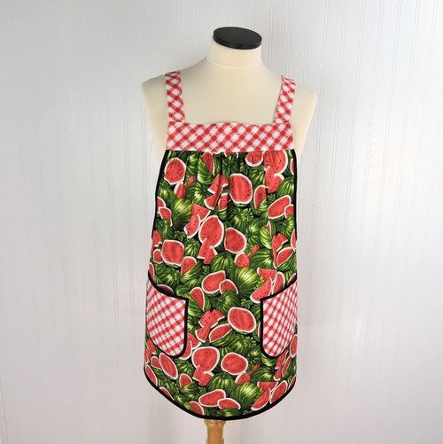 Watermelon Picnic Pinafore with no tie (straps go straight over shoulder) relaxed fit smock with pockets, retro farmhouse apron fits L/XL/2X