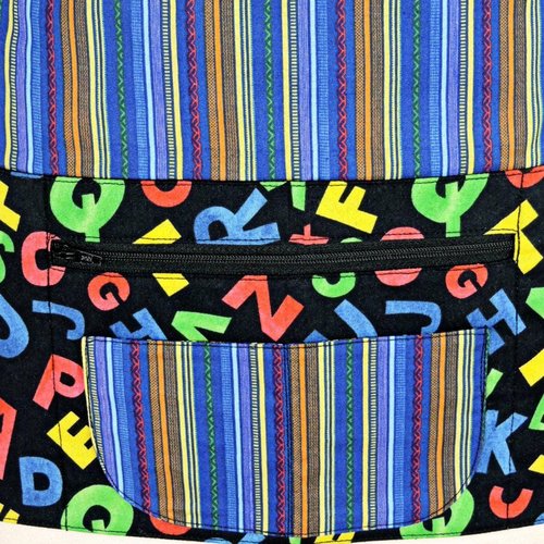 Alphabet Stripe Multi-Pocket Apron with zipper money pocket for teachers, waitresses, daycare, 2 sizes made-to-order