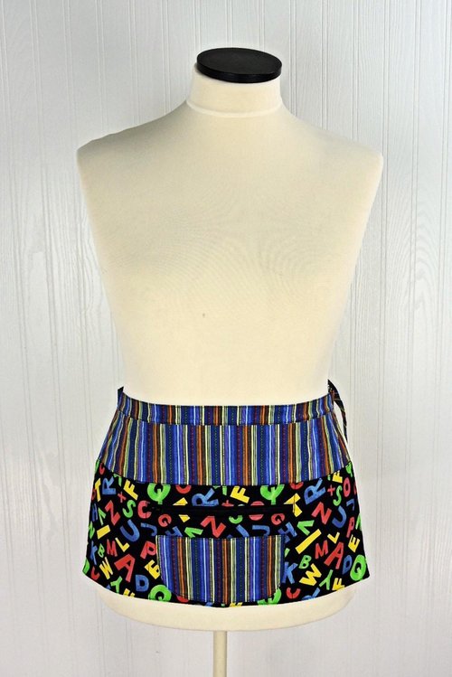 Alphabet Stripe Multi-Pocket Apron with zipper money pocket for teachers, waitresses, daycare, 2 sizes made-to-order