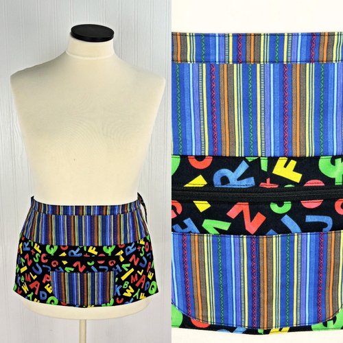 Alphabet Stripe Multi-Pocket Apron with zipper money pocket for teachers, waitresses, daycare, 2 sizes made-to-order