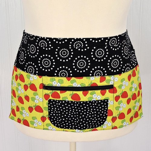 Strawberry Multi-Pocket Apron is great for waitress, vendor; cute teacher apron with money pocket, ready to ship fits waists up to 40 inches