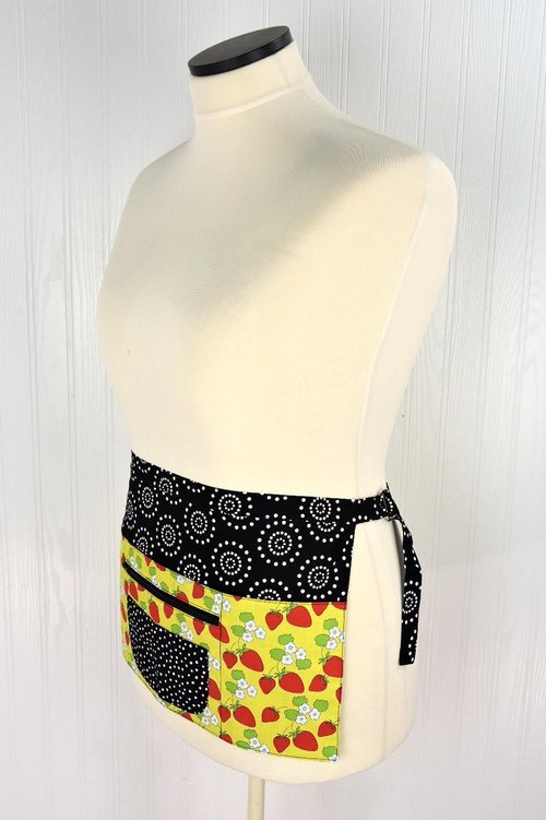 Strawberry Multi-Pocket Apron is great for waitress, vendor; cute teacher apron with money pocket, ready to ship fits waists up to 40 inches