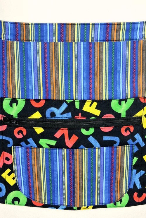 Alphabet Stripe Multi-Pocket Apron with zipper money pocket for teachers, waitresses, daycare, 2 sizes made-to-order