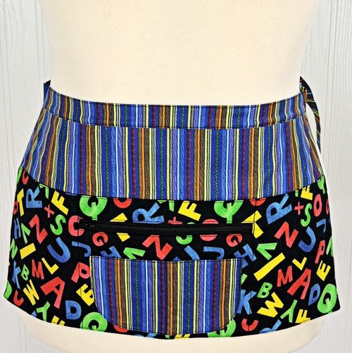 Alphabet Stripe Multi-Pocket Apron with zipper money pocket for teachers, waitresses, daycare, 2 sizes made-to-order