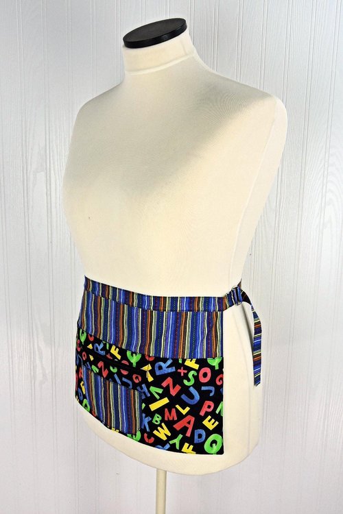 Alphabet Stripe Multi-Pocket Apron with zipper money pocket for teachers, waitresses, daycare, 2 sizes made-to-order