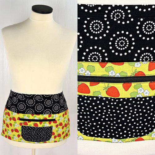 Strawberry Multi-Pocket Apron is great for waitress, vendor; cute teacher apron with money pocket, ready to ship fits waists up to 40 inches