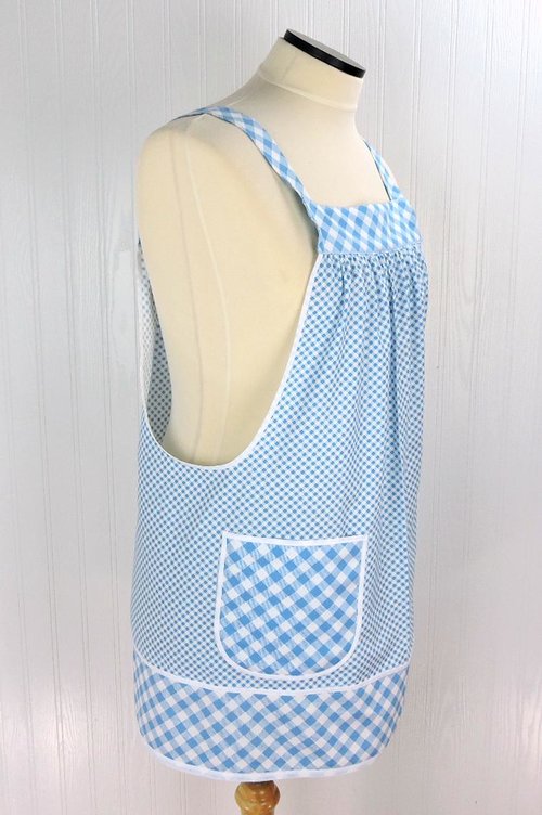 Light Blue Check Pinafore with no ties, Relaxed Fit Farmhouse Smock with pockets, straps go straight over the shoulders made-to-order XS- 5X