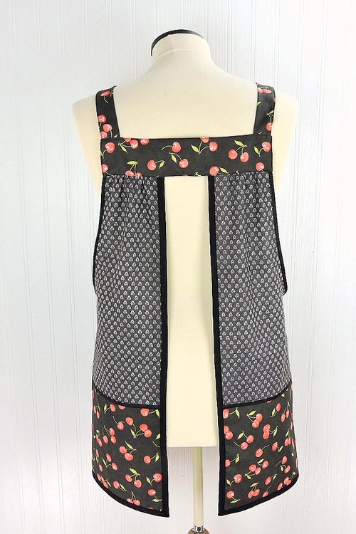 OOAK Midnight Cherries Pinafore with no ties (straps go straight over the shoulders) relaxed fit smock with pockets, L/XL/2X ships now