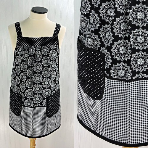 B/W Medallion Check Scrapbuster Pinafore with no ties (straps go straight over the shoulder) relaxed fit smock with pocket L/XL/2X ships now