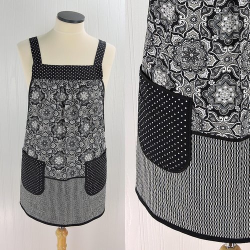 B/W Fancy Medallion Scrapbuster Pinafore with no ties (straps go straight over the shoulder) relaxed fit smock with pocket L/XL/2X ships now