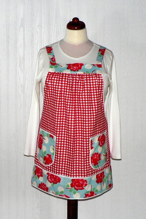 Red Gingham and Roses Pinafore with no ties, relaxed fit smock with pockets, retro floral kitchen apron XS to 5X