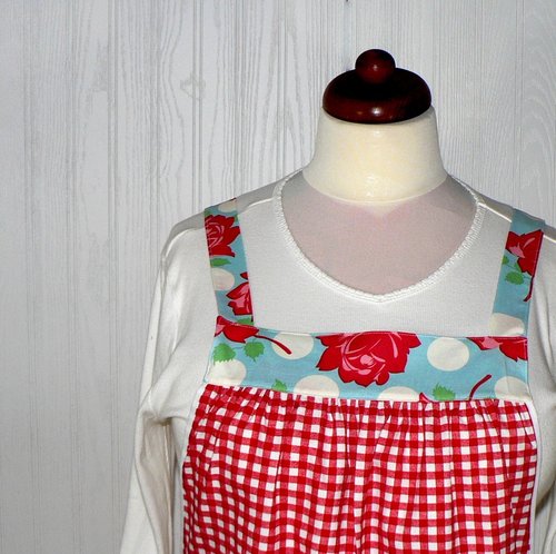 Red Gingham and Roses Pinafore with no ties, relaxed fit smock with pockets, retro floral kitchen apron XS to 5X