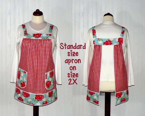 Red Gingham and Roses Pinafore with no ties, relaxed fit smock with pockets, retro floral kitchen apron XS to 5X