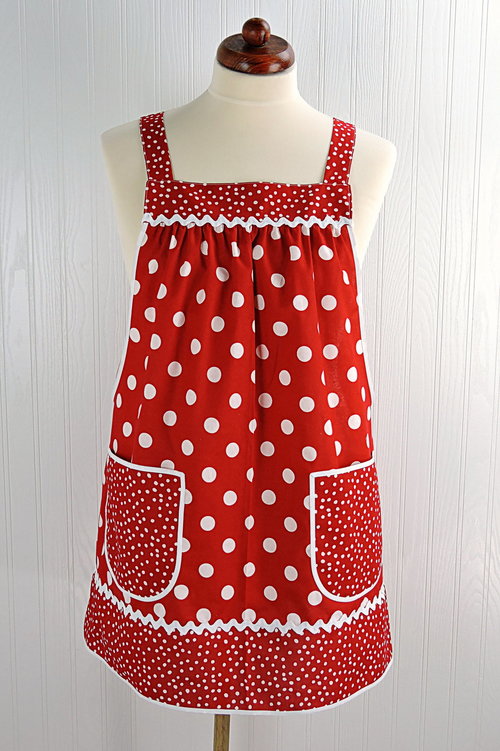 Red Polka Dot Pinafore with no ties, relaxed fit smock apron with pockets,  made to order XS to 5X