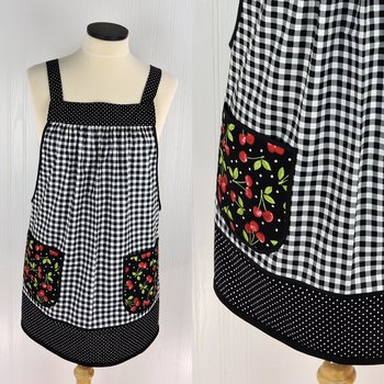 Cherries and Black Gingham Pinafore with no ties (XS to 5X) relaxed fit smock with pockets, retro farmhouse apron