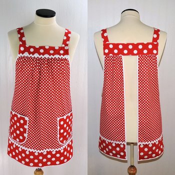 Red Polka Dot Pinafore with no ties (straps go straight over the shoulders) relaxed fit smock apron with pockets, made to order XS to 5X