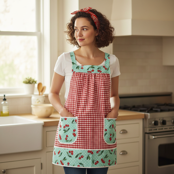 XS to 5X Red Gingham and Aqua Cherry Dot Pinafore with no ties, relaxed fit smock with pockets, retro baking apron