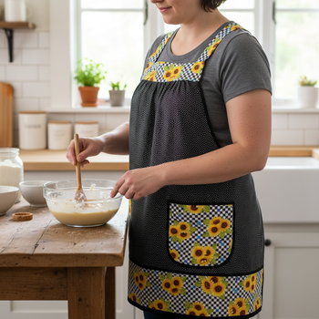 Sunflowers on Gingham Pinafore with no ties (straps go straight over shoulders) relaxed fit smock with pockets, fits L/XL/2X, ready to ship
