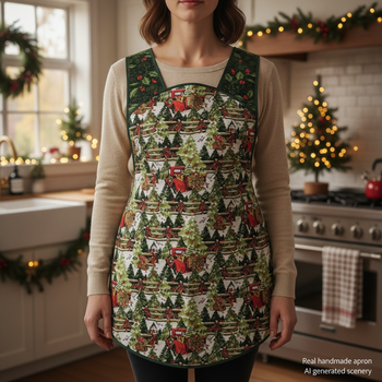 XS-4X Retro 50s Christmas Smock, Pine Trees and Fences with old Red Trucks, relaxed fit H-back apron, made to order with pocket options