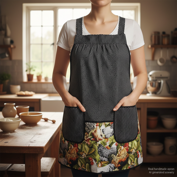 Roosters SCRAPBUSTER Pinafore Apron with no ties, relaxed fit smock with pockets, farmhouse kitchen apron, ready to ship, fits L/XL/2X