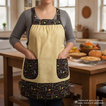 Thanksgiving Hostess Apron, Happy Gatherings Pinafore with no ties, relaxed fit smock with pockets fits L/XL/2X, ready to ship