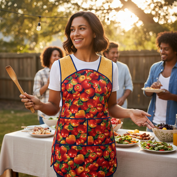 Apple Harvest 50s Smock Apron with kangaroo pocket, relaxed fit with no neck ties (H-back apron) fits sizes large or X-large, ships fast
