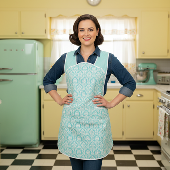 Aqua Petite Damask Retro 50s Smock Apron, relaxed fit "H-back" doesn't touch neck, made to order XS - 4X  w/ pocket options, OOP fabrics