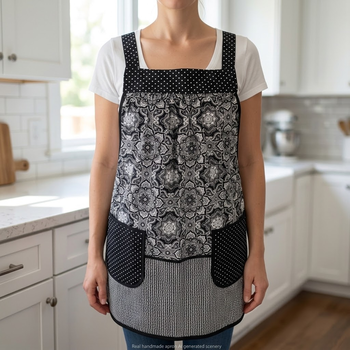 B/W Fancy Medallion Scrapbuster Pinafore with no ties (straps go straight over the shoulder) relaxed fit smock with pocket L/XL/2X ships now