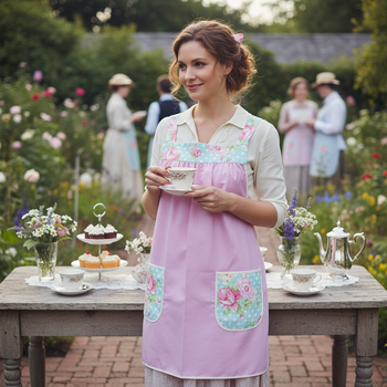 Delightful Pink Pinafore with aqua floral accents, relaxed fit smock with pockets, no tie apron fits L/XL/2X, ready to ship now