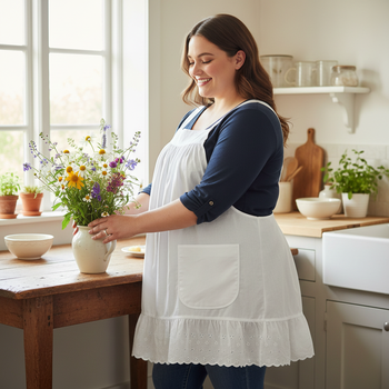 XS to 5X White Pinafore Apron with eyelet ruffle, relaxed fit smock with pockets, cosplay apron handmade after order
