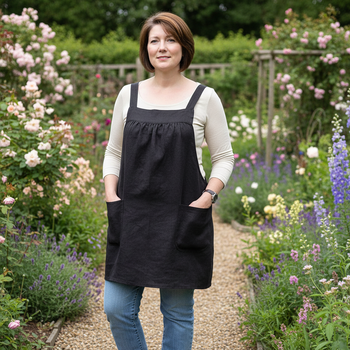 Black Linen Pinafore Apron with no ties, Washed Linen Relaxed Fit Smock with pockets, handmade after order XS to  5X Plus Size