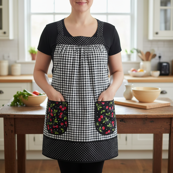 Cherries and Black Gingham Pinafore with no ties (XS to 5X) relaxed fit smock with pockets, retro farmhouse apron