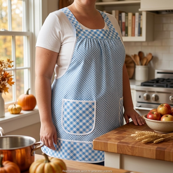 Light Blue Check Pinafore with no ties, Relaxed Fit Farmhouse Smock with pockets, straps go straight over the shoulders made-to-order XS- 5X