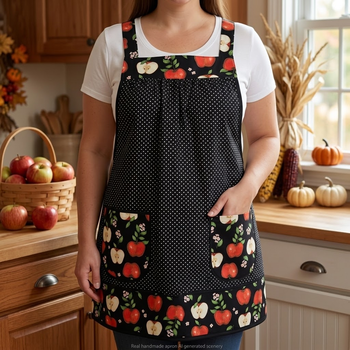 OOAK Apples and Pindots Pinafore with no ties (straps go straight over the shoulders), relaxed fit smock with pockets L/XL/2X, ships now