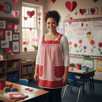 Red Stripe Valentine Pinafore with no ties, relaxed fit smock with pockets, standard size Red Heart Apron L/XL/2X, Ready to Ship