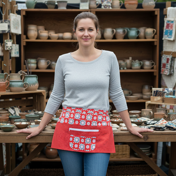 Red and Aqua Teacher Half Apron with money pocket, multi-pocket apron with zipper, Ready to Ship, fits waists up to 40 inches
