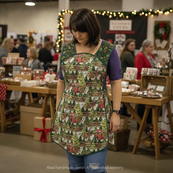 Retro 50s Christmas Smock, Pine Trees and Fences with old Red Trucks relaxed fit H-back apron, fits L/XL ready to ship