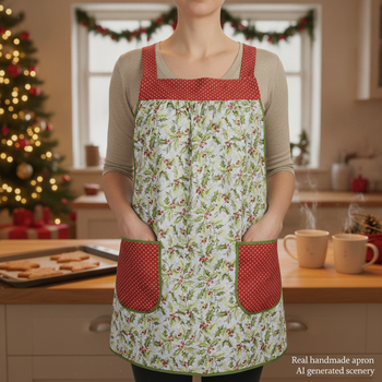 Susan Winget HOLLY Pinafore with no ties, relaxed fit smock with pockets, Lovely Xmas Hostess Apron, made to order XS to 5X plus size