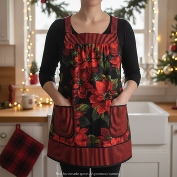XS-5X Scarlet Poinsettia Pinafore with no ties, relaxed fit smock with pockets, large red poinsettias on black