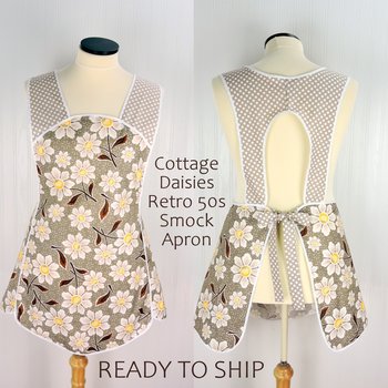 SHIPS FAST~ Cottage Daisies Retro 50s Smock, relaxed fit apron with no neck ties (H-back apron) Standard Size fits L/XL